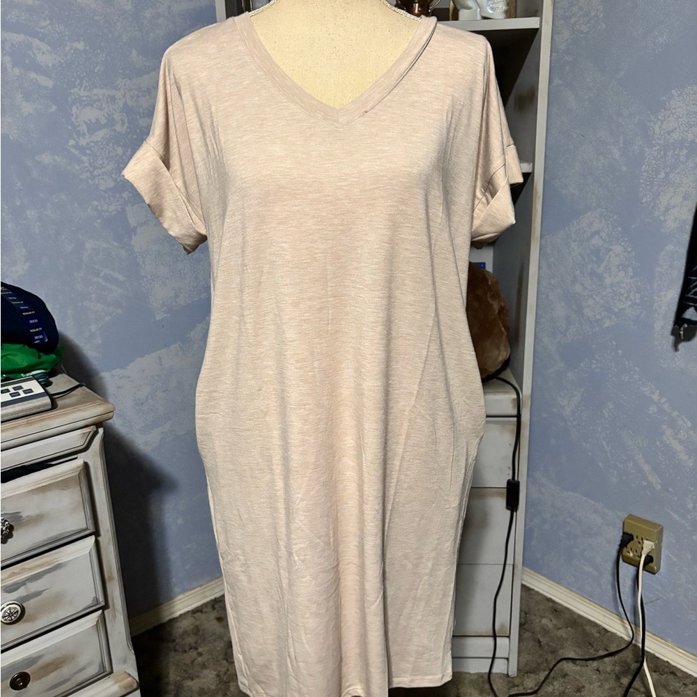 Women's V-Neck Short Sleeve Sleep Shirt - Beige - Picture 2 of 9